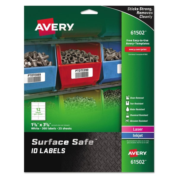 Avery Surface Safe ID Labels, Inkjet/Laser, 1 5/8 x 3 5/8, White, PK300 61502